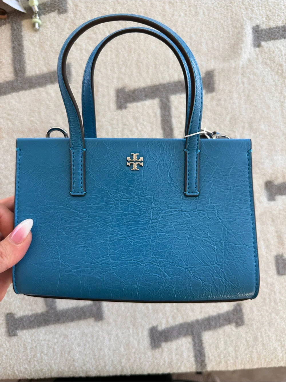 Tory Burch Bright Blue Leather Satchel with Gold Logo